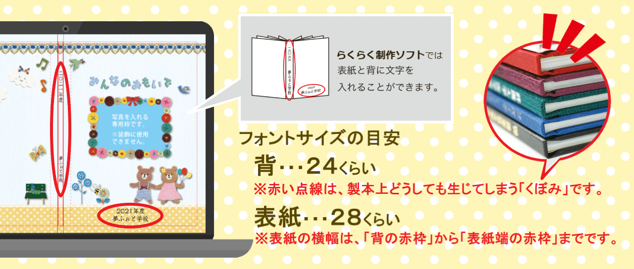 表紙編集画面に表示される点線は製本上どうしても生じてしまうくぼみを表しており、その線から表紙の右端の赤線までが表紙の横幅を表しています。はみ出さないフォントサイズの目安は背表紙が24くらい表紙が28くらいです。