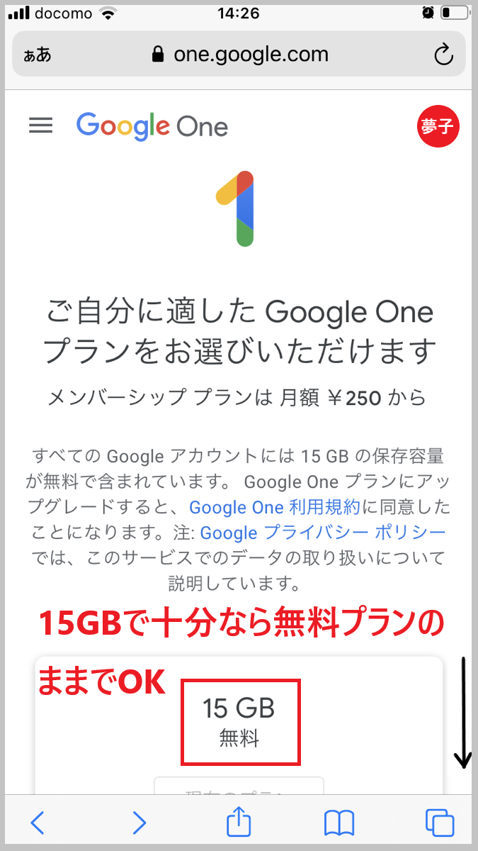 Google Oneがおすすめするプランを説明した画面のスクリーンショットです