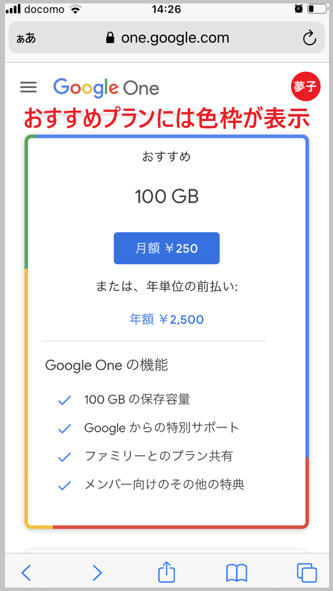 Google Oneのおすすめのプランを見分ける説明をした画像です