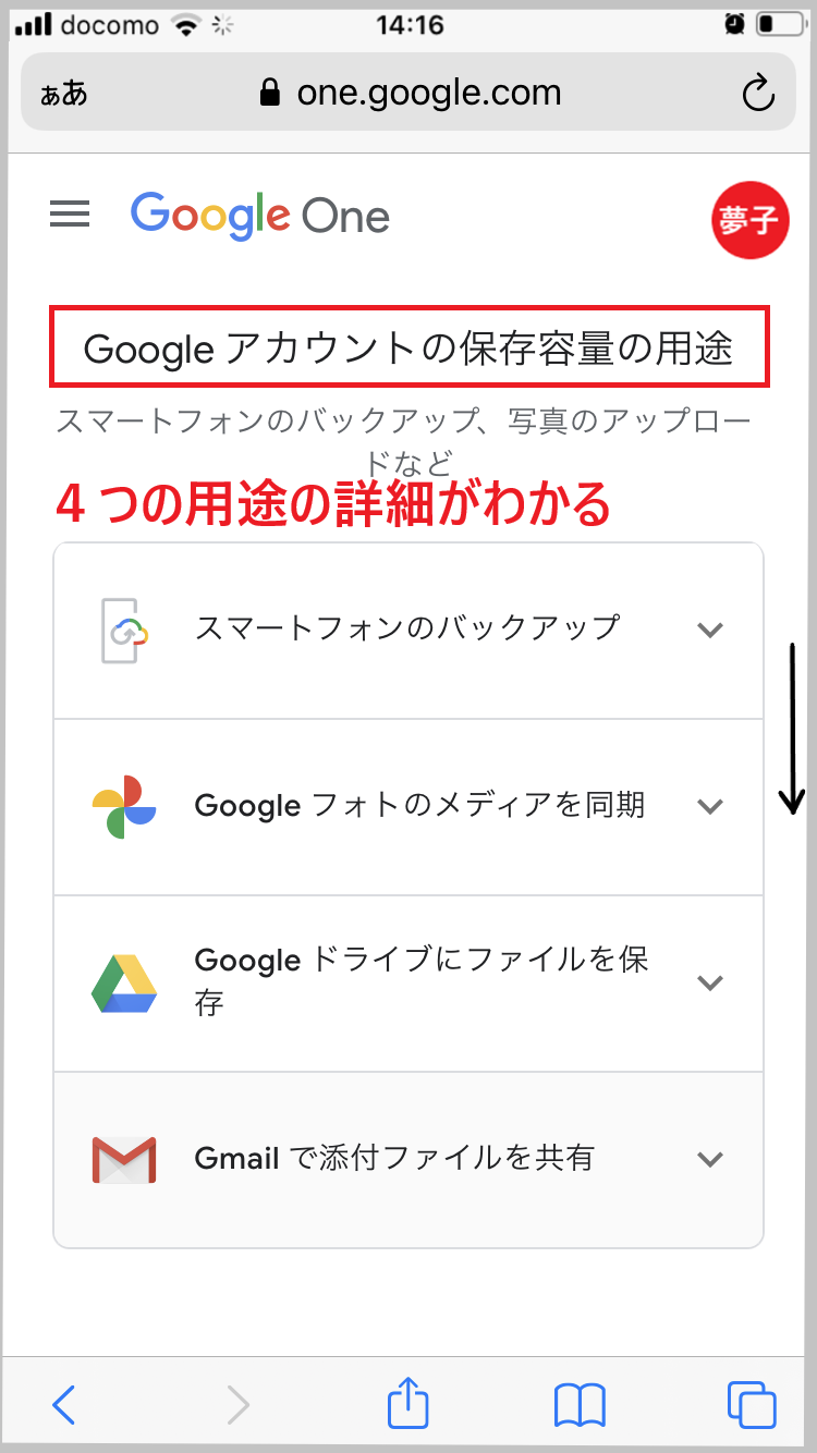 Google Oneの「保存容量の用途」を説明した画面のスクリーンショットです